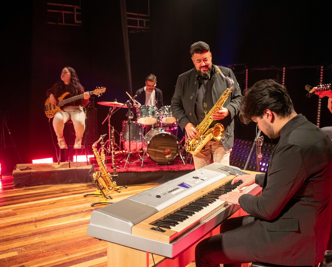 Giu e João Sanderi tocando sax e piano em palco com banda