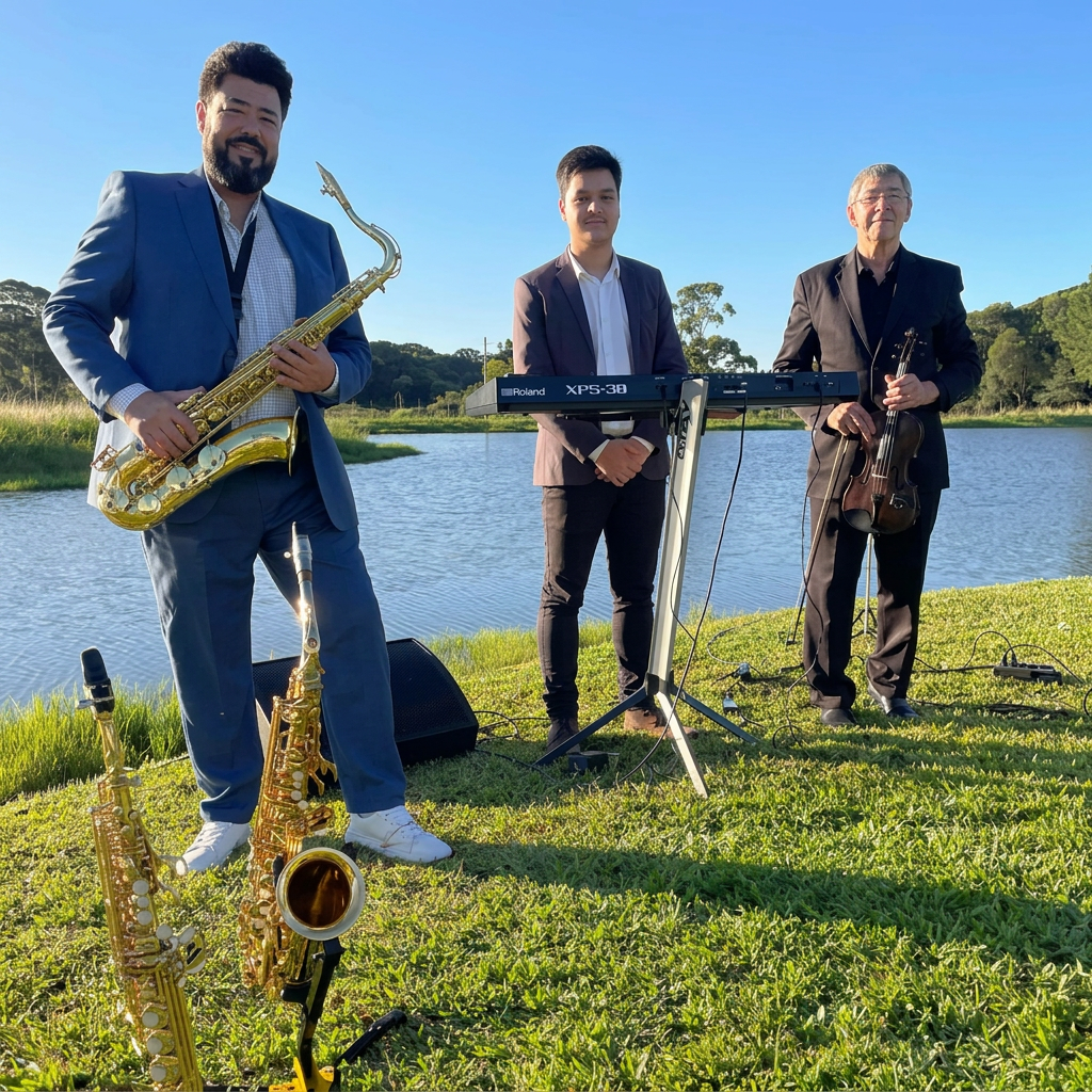 Sax, piano e violino em apresentação ao ar livre à beira do lago