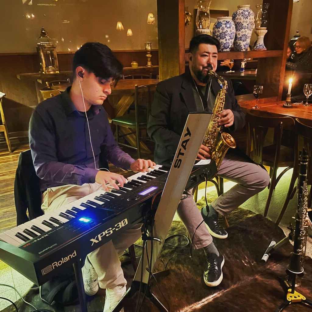 João ao teclado e Giu ao saxofone em restaurante