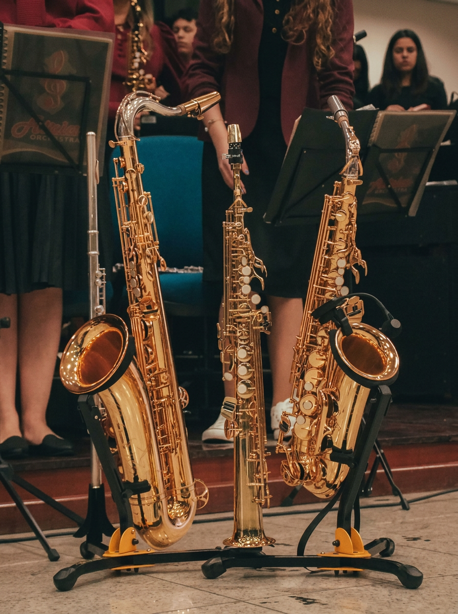 Saxofones e flauta em suporte antes do concerto
