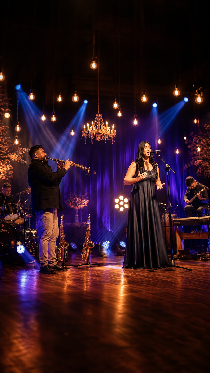 Giu Sanderi ao sax soprano com cantora sob luzes de palco