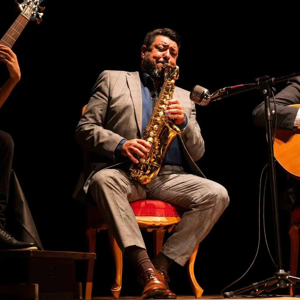 Giu Sanderi tocando saxofone alto em apresentação no palco